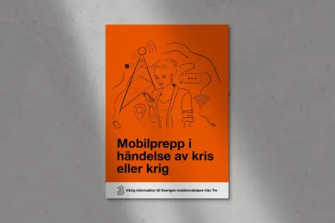 En illustration av en kvinna med mobiltelefon, omgiven av symboler för kommunikation och teknik. Texten "Mobilprepp i händelse av kris eller krig" antyder en beredskapsplan mall.