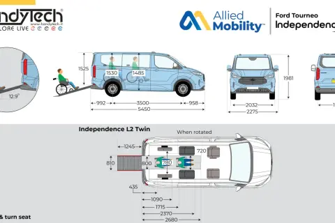 Ford Tourneo Custom: misure interne e accessibilità con rampa. Dettagli per l'Independence L2 Twin.