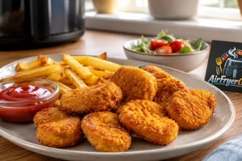 Knusprige Chicken Nuggets und Pommes aus der Fritteuse, serviert mit Ketchup und Salat.