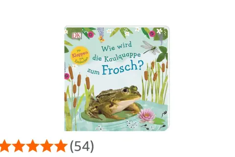 Ein Buchcover zeigt einen Frosch am Teichrand, umgeben von Schilf und Blumen. Es erklärt die **Kaulquappen Entwicklung** zum Frosch.