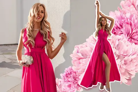 Elegancka kobieta w fuksjowej sukni z rozcięciem. Dowiedz się, jak zwęzić sukienkę pod pachami, by idealnie pasowała.