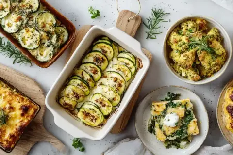 Verschiedene Aufläufe mit Zucchini-Scheiben, Käse und Kräutern. Köstliche zucchini rezepte für jeden Anlass.