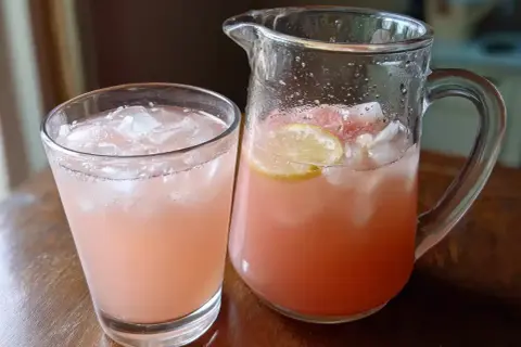 En glas och en karaff fyllda med rosa, isig dryck med citronskivor. Perfekt för enkla drinkar en varm dag.