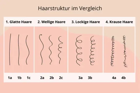 Vergleich von Haartypen: glatt, wellig, lockig und kraus. Hilft, den eigenen haartyp bestimmen.