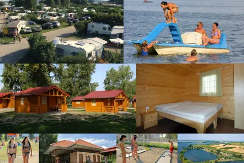 Urlaub im kemp merkur: Wohnwagen, Holzhütten, Wasserrutsche, Minigolf und ein See.