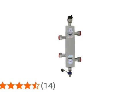 Bouteille de découplage en métal avec manomètres, étiquettes "Supply" et "Return", et raccords.