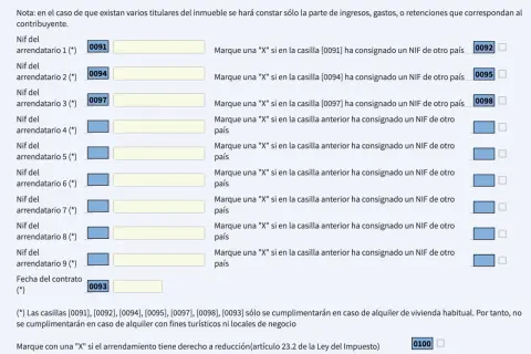 Formulario para declarar alquileres. Si alquilo un piso, tengo que declararlo. Se registran datos del arrendatario y del contrato.