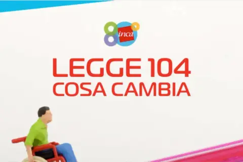 Uomo in carrozzina, logo Inca e testo "LEGGE 104 COSA CAMBIA". Informazioni per il par lavoro.