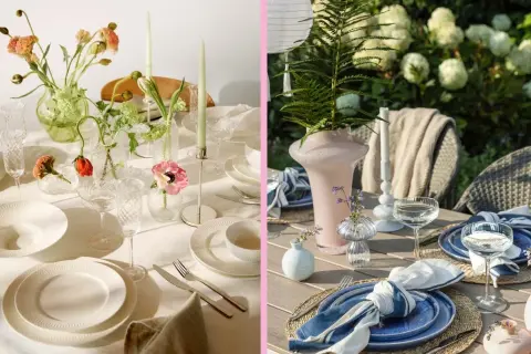 Två vackra dukningar. En inomhus med ljusa blommor och ljus, en utomhus med gröna växter och blå detaljer. En fin dukning för varje tillfälle.