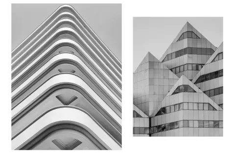 Dwie fotografie budynków: jeden z zaokrąglonymi balkonami, drugi z geometrycznymi, ostrymi kształtami.
