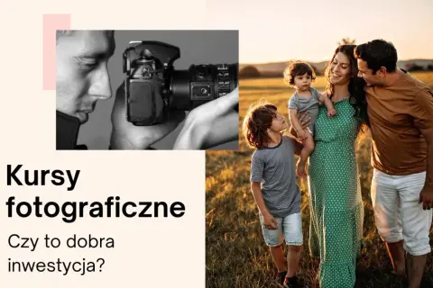 Kursy fotograficzne: mężczyzna z aparatem i szczęśliwa rodzina na tle zachodzącego słońca.