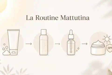 La routine skincare mattina: pulizia, tonico, siero e crema solare SPF.