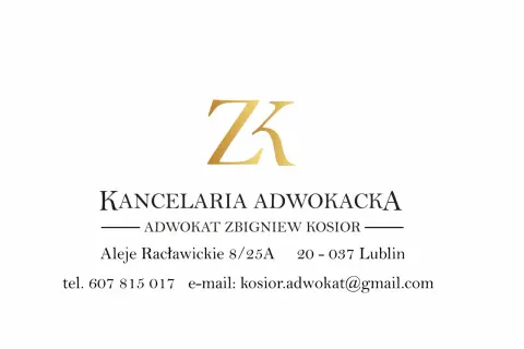 Logo kancelarii adwokackiej z inicjałami ZK, nazwa, dane kontaktowe i adres w Lublinie.