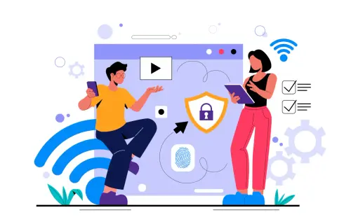 Dwie osoby dbają o **bezpieczny internet**, korzystając z urządzeń i symboli ochrony danych.