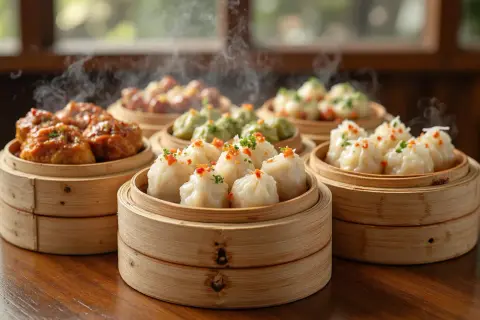 Dimmiga bambukorgar med ånga stiger från läckra dumplings.