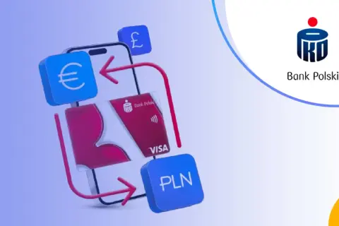 Jak wypłacić pieniądze z konta walutowego PKO? Grafika pokazuje telefon, kartę PKO Visa, symbole euro, funta i PLN, sugerując łatwe transakcje walutowe.