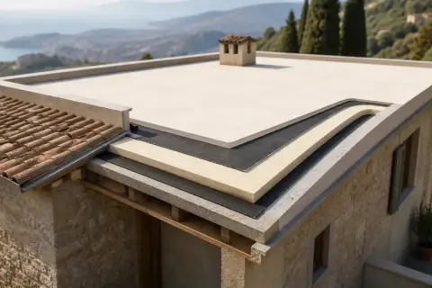 Strati di un tetto con cappotto termico sottile, che mostra isolamento e impermeabilizzazione su una casa con vista mare.