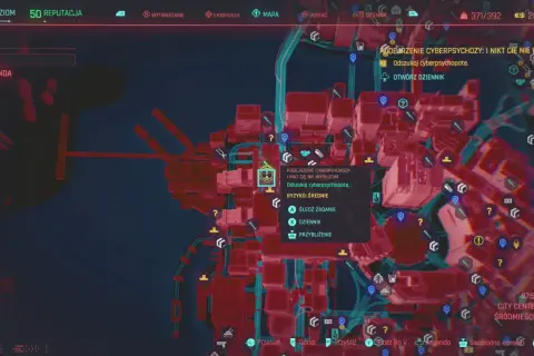 Mapa z gry Cyberpunk 2077. Wskazuje na zadanie "Podejrzenie cyberpsychozy", gdzie po pierwsze nie szkodzić.