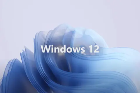 Abstrakcyjny, niebieski kształt z napisem "Windows 12". Sprawdź, jakie są Windows 12 wymagania, by cieszyć się nowym systemem.