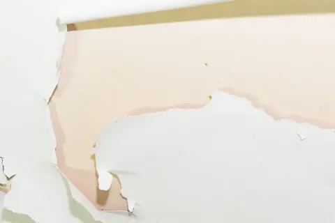 Détail d'une peinture qui s'écaille sur un mur, révélant une couche inférieure rosée. Des lambeaux blancs se détachent, laissant apparaître des traces d'humidité.