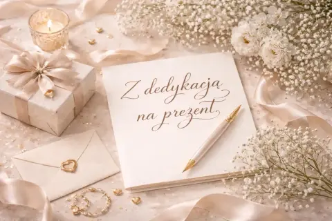 Elegancka dedykacja na prezent, obok ozdobnego pudełka, koperty z sercem i świecy.