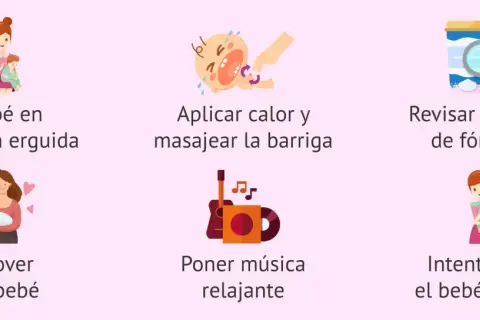 Soluciones para cólicos del lactante: bebé erguido, masajes, revisar fórmula, moverlo, música y hacerlo eructar.