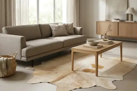 Gemütliches Wohnzimmer mit Sofa, Couchtisch und Teppich. Die moderne Einrichtung strahlt Ruhe und Gemütlichkeit aus.