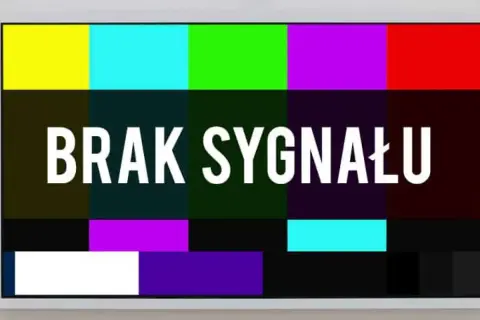 Kolorowe pasy testowe telewizora z napisem "BRAK SYGNAŁU".