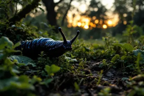 Une limace noire, aux antennes dressées, progresse dans l'herbe au coucher du soleil.