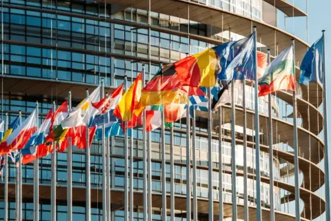 Flagi państwowe powiewają przed nowoczesnym budynkiem, symbolizując jedność i przestrzeganie norm.
