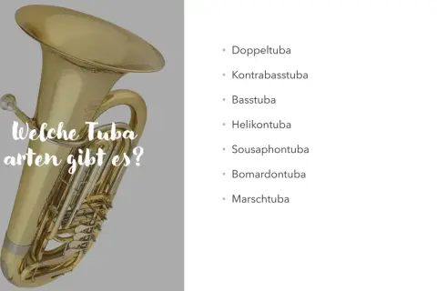 Eine glänzende Tuba steht im Vordergrund, daneben eine Liste verschiedener Tuba-Arten wie Kontrabasstuba und Marschtuba.