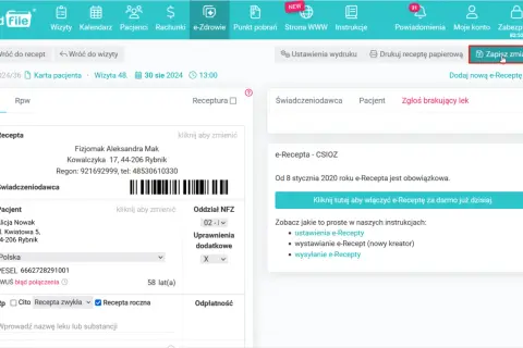 Ekran aplikacji MedFile z widokiem e-recepty, danymi pacjenta i świadczeniodawcy.