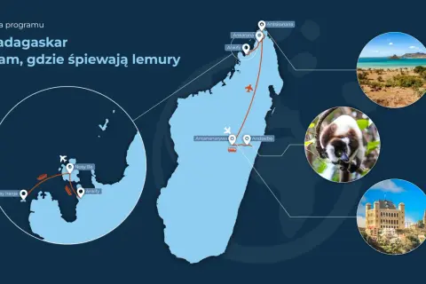 Mapa pokazuje, gdzie leży Madagaskar, z zaznaczonymi trasami podróży i zdjęciami lemurów, plaż i budynków.