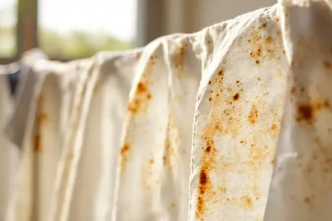 Tessuti bianchi appesi, macchiati di ruggine. Una sfida per chi vuole eliminare macchie di ruggine e farli tornare come nuovi.