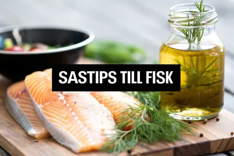 Färska laxfiléer på en skärbräda med dill och en flaska olja med örter. Perfekt för en god sås till fisk.