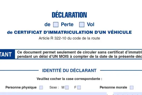 Déclaration de perte de certificat d'immatriculation d'un véhicule. Ce document permet de circuler un mois.