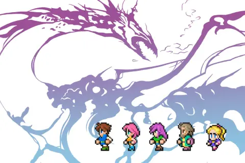 Pięcioro bohaterów w stylu pixel art z Final Fantasy 5 staje przed potężnym, fioletowym smokiem.