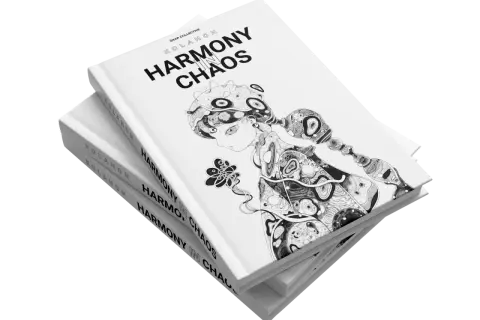 Stack of books titled "Harmony in Chaos" with a black and white illustration of a stylized figure.