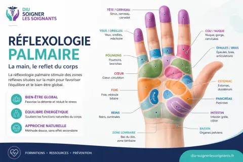 Carte de réflexologie palmaire montrant le point réflexologie main estomac. La main est divisée en zones représentant des organes.