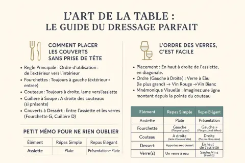 Guide pour dresser la table : couteaux à droite, fourchettes à gauche. L'ordre des verres, c'est facile, pas de pain à gauche ou à droite.