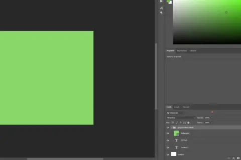 Schermata di Photoshop: un rettangolo verde su sfondo scuro, con pannelli per unire livelli e modificare proprietà.