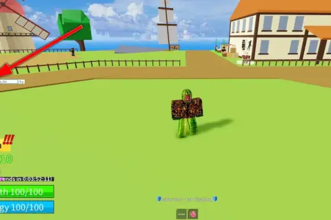 Ein Spieler in Blox Fruits mit Wassermelonen-Outfit. Ein Pfeil zeigt auf das Eingabefeld, wo man einen blox fruit code eingeben kann.
