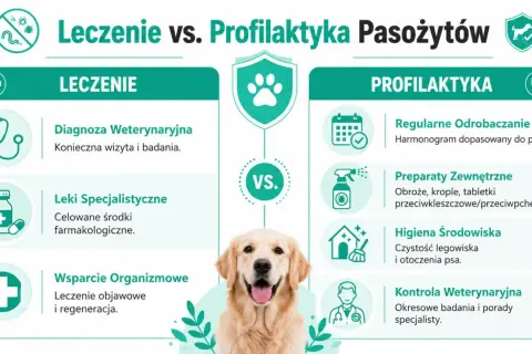 Grafika porównuje leczenie i profilaktykę przeciwpasożytniczą u psów. Wskazuje na diagnozę, leki i wsparcie organizmu w leczeniu, a także regularne odrobaczanie, preparaty zewnętrzne, higienę i kontrolę weterynaryjną w profilaktyce.