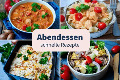 Was koche ich heute? Schnelle Rezepte für ein leckeres Abendessen: Gulasch, Pasta mit Hähnchen, Auflauf und Salat.
