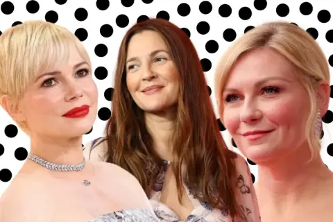 Inspiracja dla 40-latki z okrągłą twarzą: Michelle Williams, Drew Barrymore i Kirsten Dunst prezentują różne fryzury.