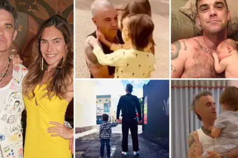 Robbie Williams med sina barn. En bild visar honom med en bebis, en annan med sina äldre barn.