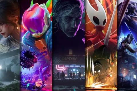 Kolaż postaci z gier: wojowniczka, cyborg, mężczyzna, Hornet, ninja.