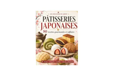 Couverture d'un livre de recettes de pâtisseries japonaises traditionnelles, montrant divers desserts comme des mochis, dorayakis et un gâteau en forme de poisson.
