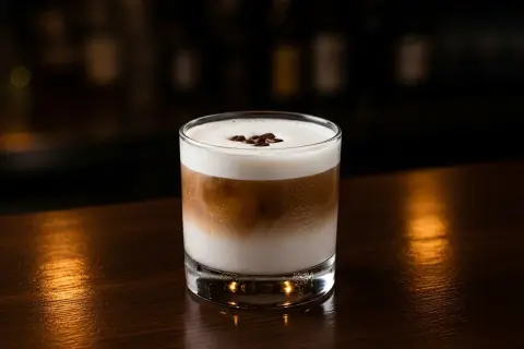 En krämig White Russian med kaffebönor på toppen, perfekt för en mysig kväll.