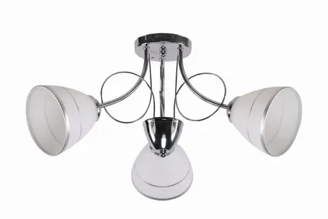 Elegancka lampa chrom sufitowa z trzema kloszami z mlecznego szkła, ozdobiona srebrnymi paskami.
